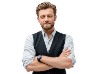 Confident Businessman with Arms Crossed: A stylish businessman stands confidently with crossed arms, radiating professionalism and success.