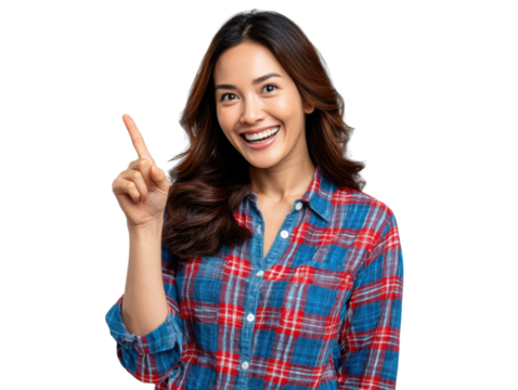 Smiling Woman Pointing Upwards: Capturing a captivating smile, a young woman points her finger upwards, indicating direction or expressing an idea, embodying the concept of inspiration and suggestion.