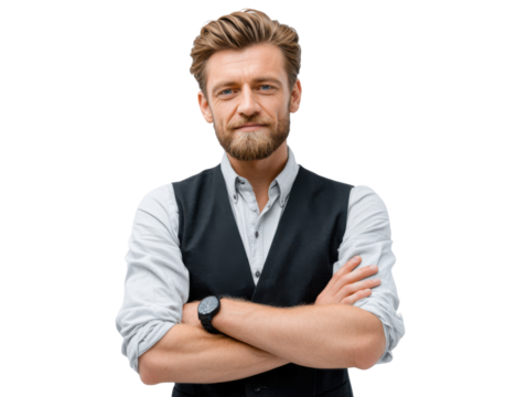 Confident Businessman with Arms Crossed: A stylish businessman stands confidently with crossed arms, radiating professionalism and success. - Powered by Adobe