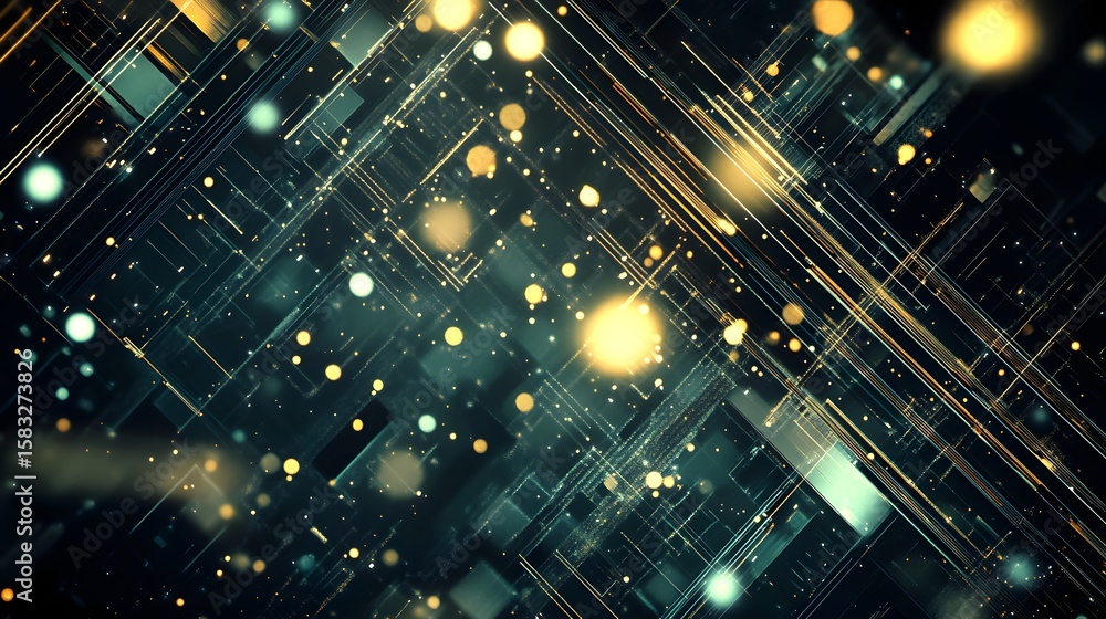 Poster intricate digital network design with glowing lines and particles.
