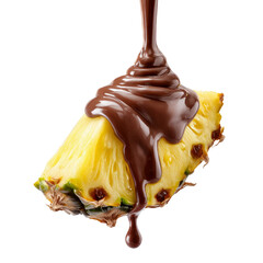 Pineapple piece covered with dripping chocolate isolated on transparent background