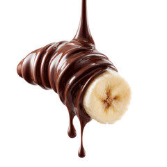 Banana covered with dripping chocolate isolated on transparent background