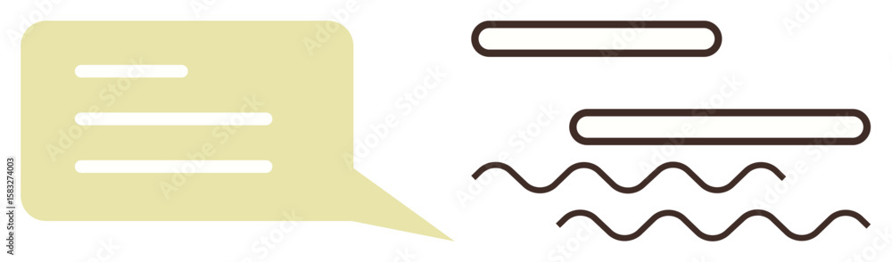 Poster speech bubble with horizontal text lines alongside abstract wavy lines. ideal for communication, mes