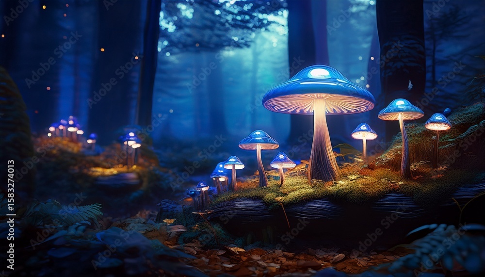 Wall mural illuminated mushrooms stand in a dark enchanted forest casting a soft blue glow fallen leaves surrou