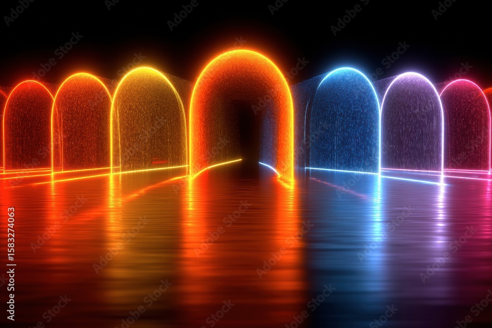 Poster illuminating arches: a captivating display of vibrant neon arches in a spectrum of colors, reflected
