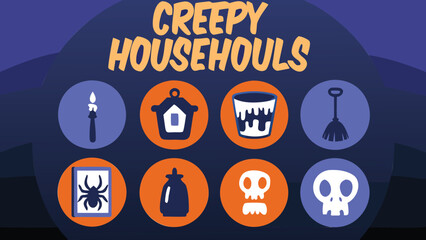 Illustration of creepy househouls with candle, spider, skull, and bucket on a dark blue background