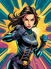 Pop art comic book style super heroine punching with female superhero costume poster design wall decoration illustration	