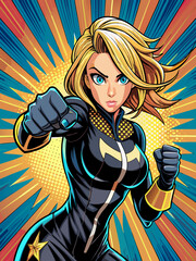 Pop art comic book style super heroine punching with female superhero costume poster design wall decoration illustration	