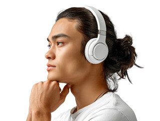 Fototapeta premium Music in Mind: A portrait captures a focused individual lost in thought while wearing high-quality headphones, suggesting a deep connection to music and introspection.