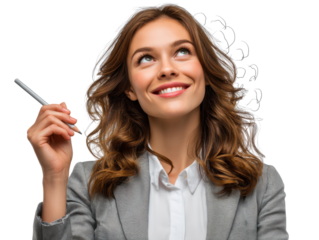 Woman with Pen, Brainstorming Ideas: A young businesswoman with long brown hair, smiles thoughtfully, pen in hand, as she gazes upward, surrounded by sketched thought bubbles.