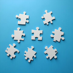 Scattered puzzle pieces on blue surface.