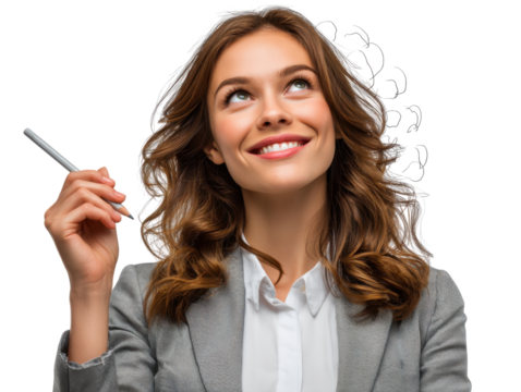 Woman with Pen, Brainstorming Ideas: A young businesswoman with long brown hair, smiles thoughtfully, pen in hand, as she gazes upward, surrounded by sketched thought bubbles.