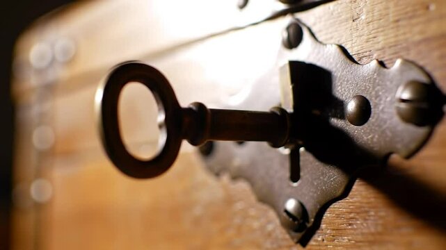 Antique key inserted into an old wooden chest lock
