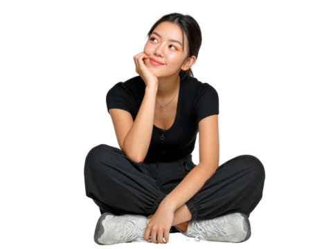 Dreamy Contemplation: A thoughtful woman sits in a tranquil pose, her gaze lifted towards infinite possibilities, a portrait of serene introspection and ambition.