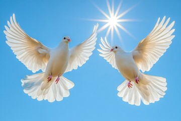 Fototapeta premium Skybound Serenity: Two pristine white doves soar gracefully against a clear blue sky, bathed in sunlight, a visual poem of peace, freedom, and hope.
