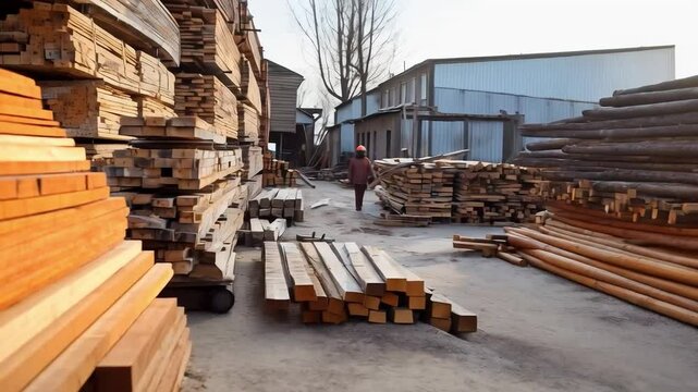 Lumber neatly stacked in a warehouse, ready to be used in construction projects. Useful for presentations in construction and interior design.
