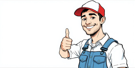 Illustration of smiling worker in overalls and cap showing thumb up with empty space for text on the left