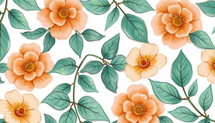 Botanical illustration featuring a seamless pattern of tropical flowers and green leaves. Perfect for fabric designs, wallpapers, and various decorative projects.