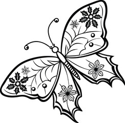 An abstract floral background with swirling design elements features a delicate butterfly on a branch, perfect for vintage nature-inspired art or tattoo illustration
