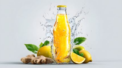 Refreshing Beverage Bottle Surrounded by Fresh Citrus Fruits, Ginger, and Water Splashes