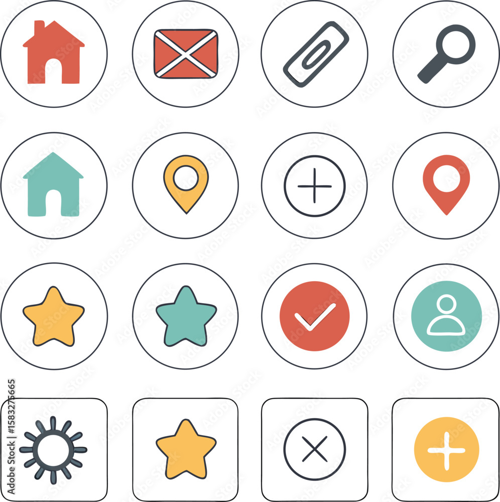 Poster vector web icon set featuring flat design elements like arrows, hearts, and search symbols for moder