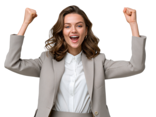 Unstoppable Confidence: Capturing a professional woman's excitement and self-assuredness as she triumphantly celebrates success. She projects energy of confidence, power and enthusiasm.