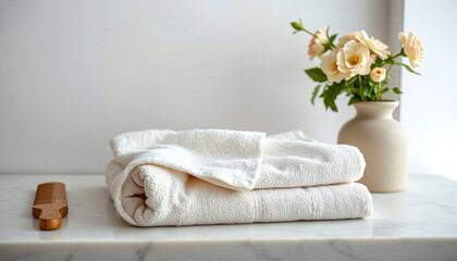 Soft white towels neatly folded and placed on a marble surface, accompanied by a ceramic vase with delicate flowers.