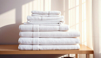 Stack of pristine white towels neatly arranged on a wooden shelf,