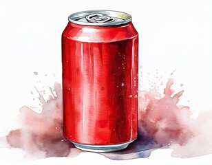 sketch watercolor panting of red aluminum can with soda isolated on white backdrop hand drawn art