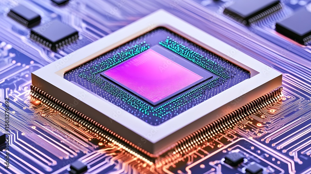 Poster close-up of a computer processor chip on a circuit board.
