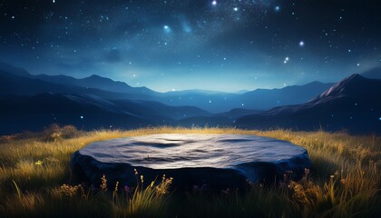stone podium in grassy field against night sky natural landscape display product presentation
