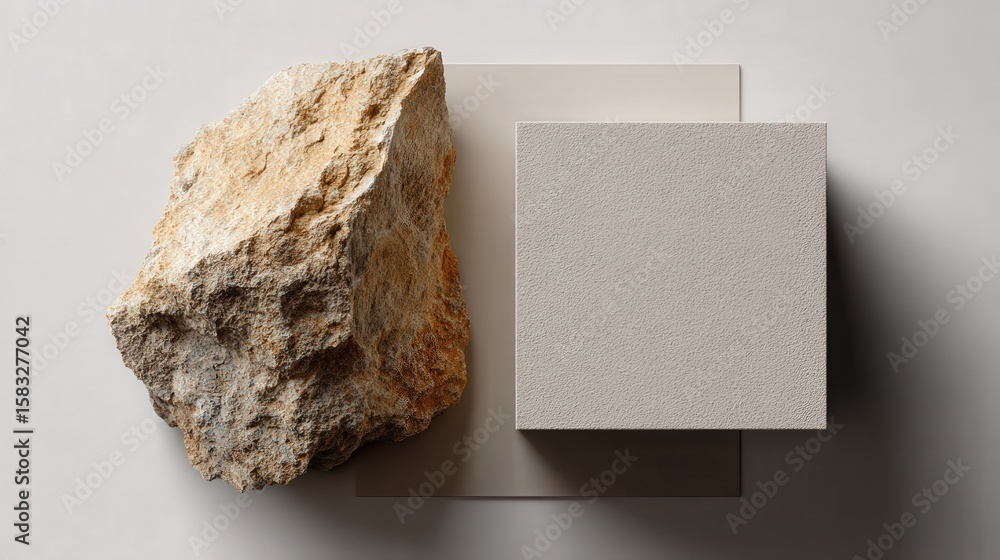 Aufkleber a rough textured rock contrasts with a square sample of a similar textured material on a neutral bac