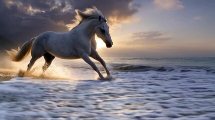 Galloping horse animated beach run beautiful reflection ocean motion video