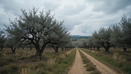 A dirt road winds through an olive grove under a cloudy sky.