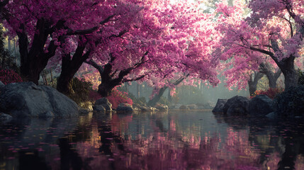 Dreamy riverbend with cherry trees