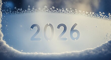 Frosty 2026:  New Year's greeting etched in winter's frost on a windowpane.