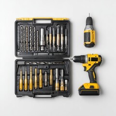 A drill and drill set in a black case