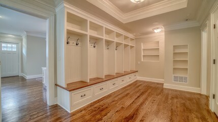 Entry mudroom with built-in cubbies, hooks for coats, and bench with storage drawers