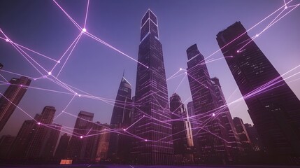 City skyline interconnected by a network of lines.