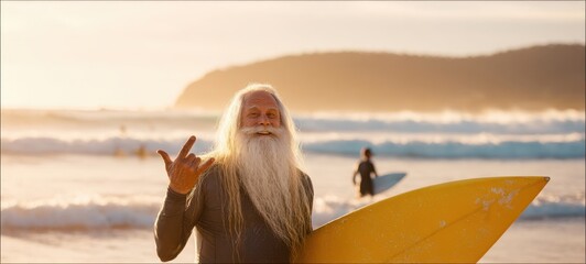 The elderly surfer enjoying a beautiful day at the beach with a surfboard.