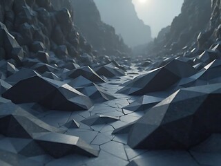 Abstract geologic landscape featuring polygonal stone formations under a muted, overcast sky, creating a surreal terrain