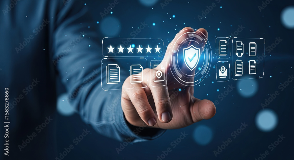 Poster cybersecurity concept: man touching digital shield icon for data protection and online security. sec