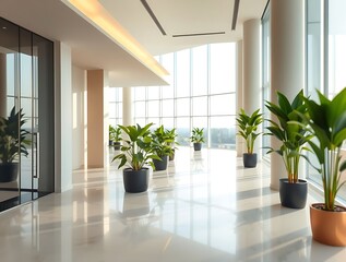 Bright, modern office space featuring greenery, large windows, and pristine marble floors, offering a welcoming atmosphere and contemporary design.