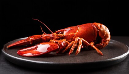 close up of a cooked lobster on a dark plate against a black background
