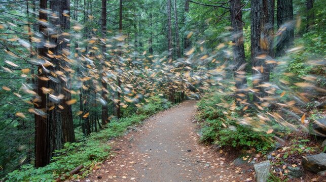 Leaves spiraling in the air above a forest path, showing motion caused by wind
