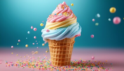 a waffle cone is filled with a delightful swirl of soft serve ice cream in pastel pink blue and yellow colorful sprinkles add a cheerful touch against a soft pastel background