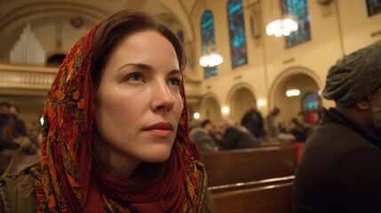 Woman in Church with Head Scarf