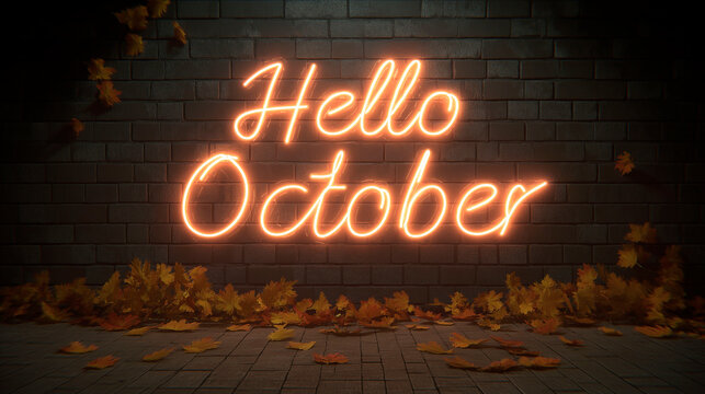Glowing neon sign hello october on dark brick wall with scattered autumn leaves, creating a festive and modern fall vibe