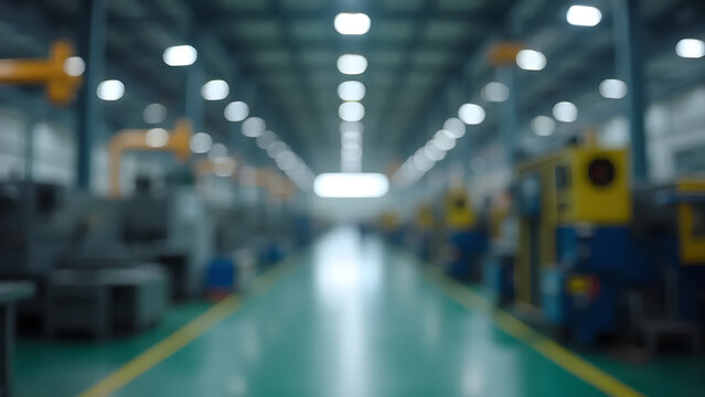 Blurred industrial factory interior with long corridor, ceiling lights and heavy machinery. Blurred background for industrial theme design.