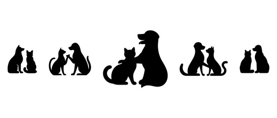 Dog And Cat Silhouette Black Filled On The White Background - Vector Illustration Outline Design Icon.
